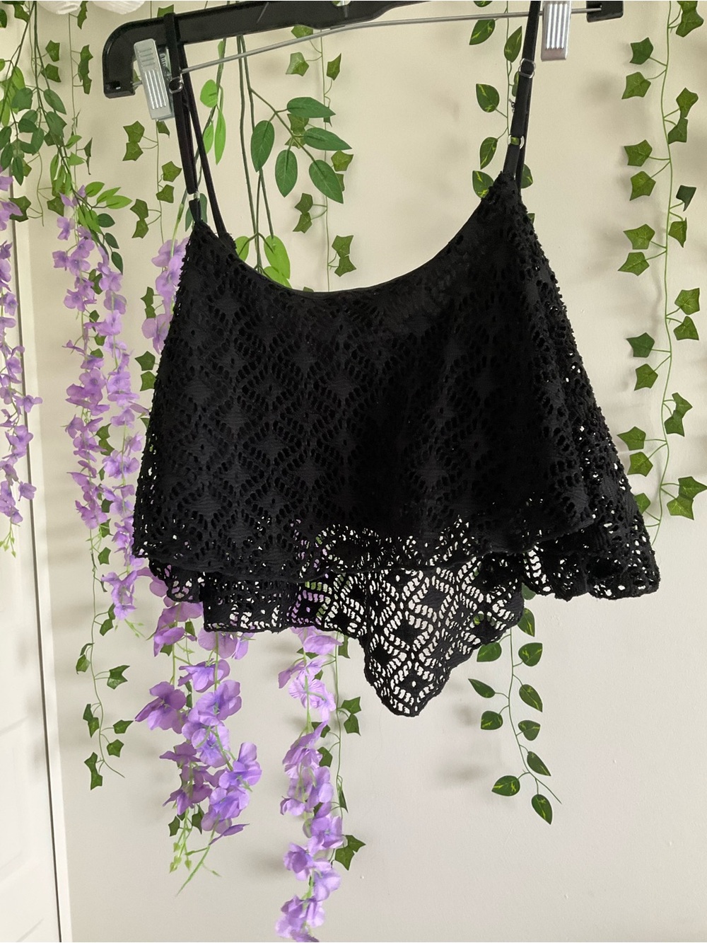 La Hearts Black Crochet Layered Crop Camisole